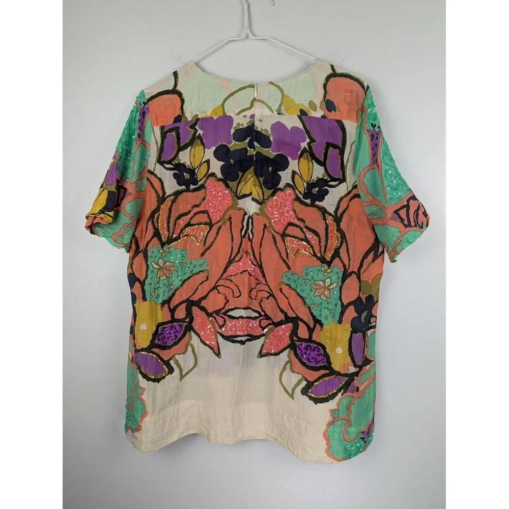 Essentiel Beach Women's Silk Blend Top EU42 Large‎ Floral Tan Shirt Sequence - Picture 9 of 11